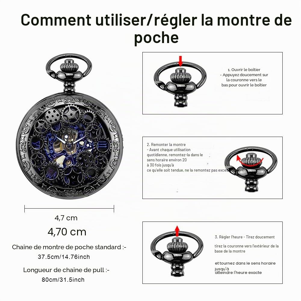 Unendlich U Montre de Poche mécanique Homme, Montre de Poche Vintage, Steampunk Gears Séries Squelette Cadran en Chiffres Romains, Boîtier d'acier Inoxydable Noir, pour Homme Femme