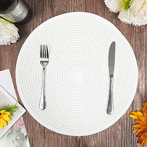 Image of SHACOS Round Braided Placemats Set of 4 Washable Round Table Mats for Dining Table 15 inch (White, 4)