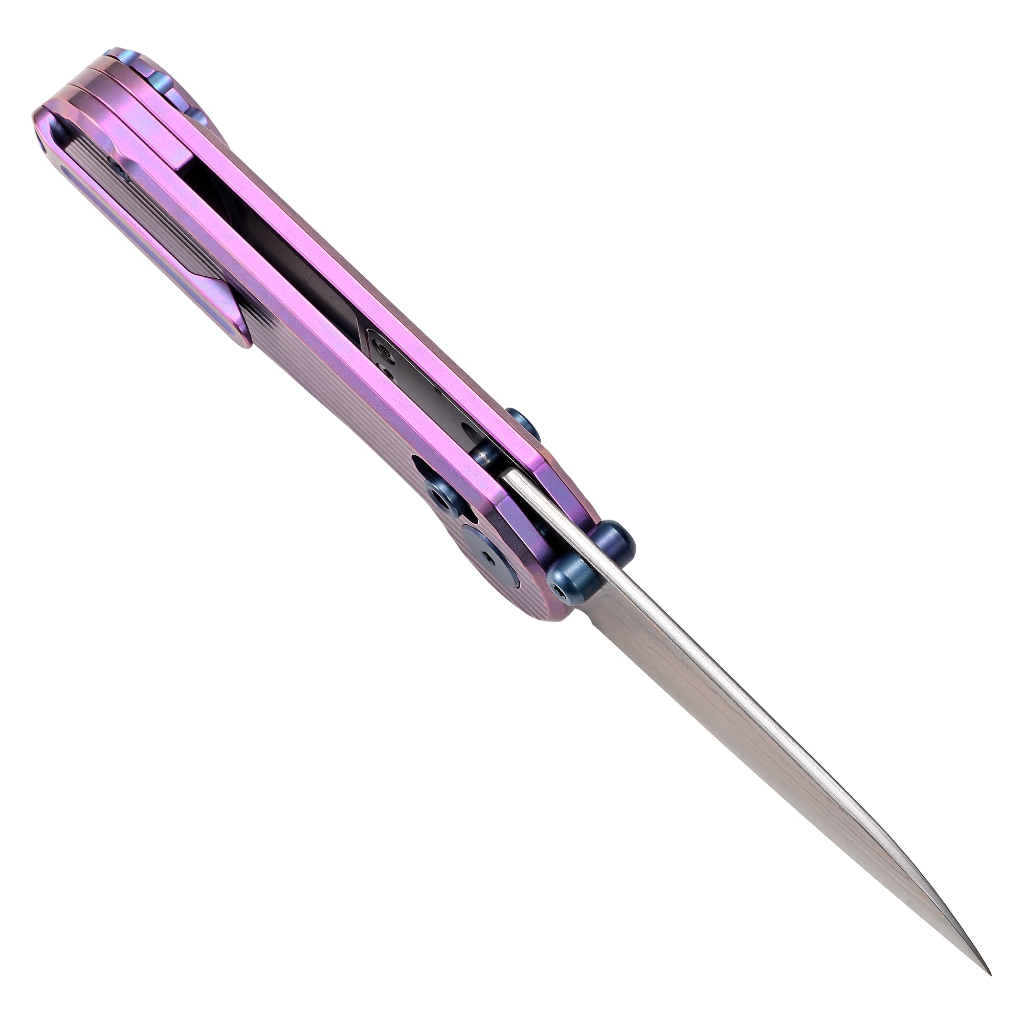 Hightron Coltello Pieghevole da Tasca con Lama 6,7 cm in Rame-Damascato e Manico Titanio, Coltello Pieghevole con Clip per Uomini e Donne, Coltello per Uso Quotidiano, Bronzo