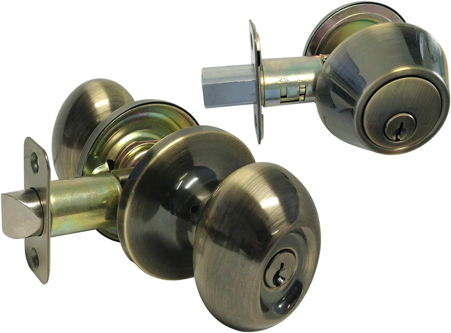 eBuilderDirect Antique Brass Entry Entrance Oval Egg Shaped Knob Handle with Matching Single Cylinder Deadbolt Combo Pack Keyed Alike 6093AB (4 Set)