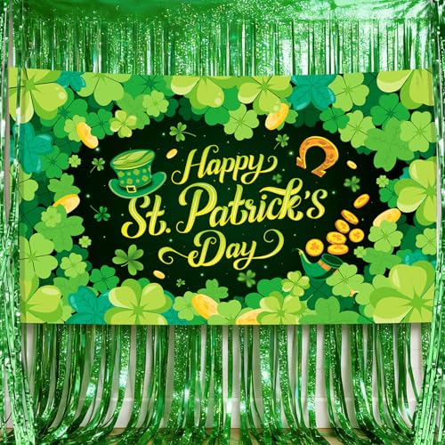 AOYOO St Patricks Day Backdrop, Birthday Banner St Patrick's Day Decorations Fringe Curtain Streamers Shamrock Irish Luck Day Saint Backdrop Party Supplies (72x44 Inch)
