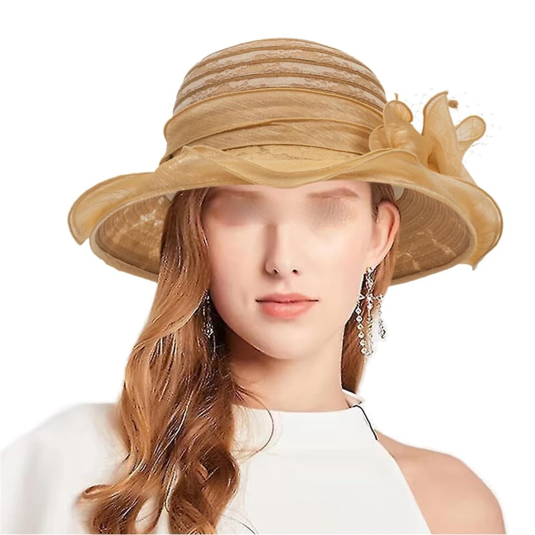 Yeuyyben Cappello da chiesa da donna, elegante, con fiocco a tesa larga, cappello da pescatore Fedora da donna estivo pieghevole