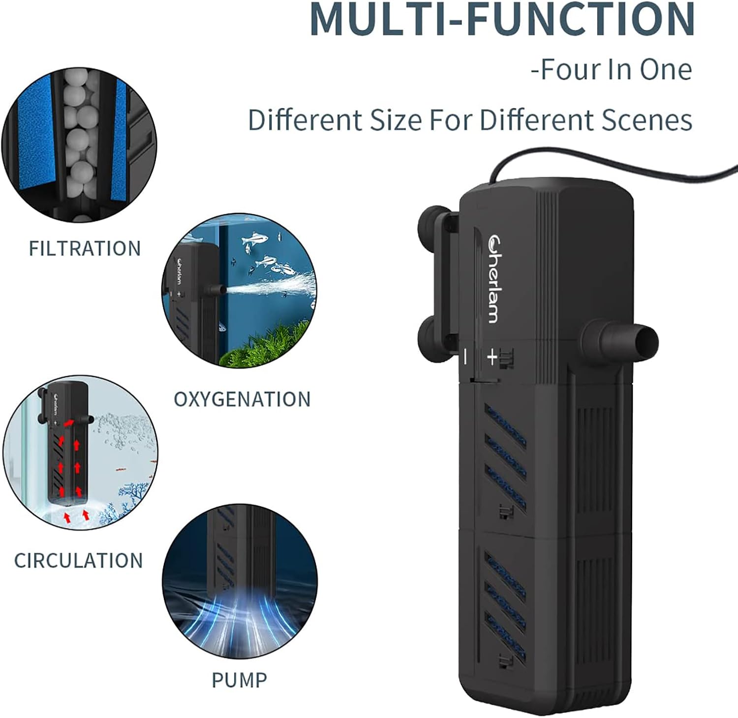 CHERLAM Submersible Aquarium Filter, 15W 4-in-1 Internal Aquarium Filter, 3 Stages Adjustable Fish Tank Filter for Pond, Aquarium, Statuary, Hydroponics : Pet Supplies