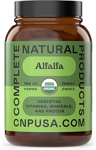Complete Natural Products Hoja de alfalfa pura (Medicago Sativa) - 100 cápsulas - 630 mg de polvo de hoja de alfalfa orgánica seca pura en cápsulas