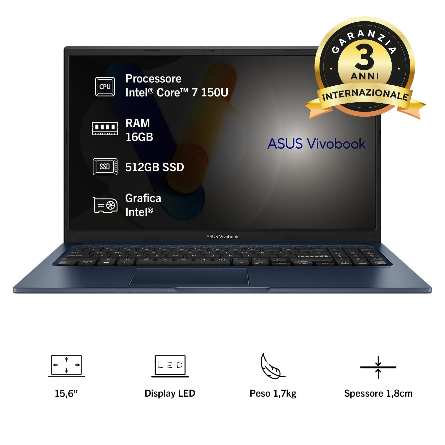 ASUS Vivobook 15 F1504VA, Notebook con Monitor da 15.6" Anti-glare, 60Hz, Intel® Core™ 7 150U, RAM 16GB, 512GB SSD, Win11 Home, Blu