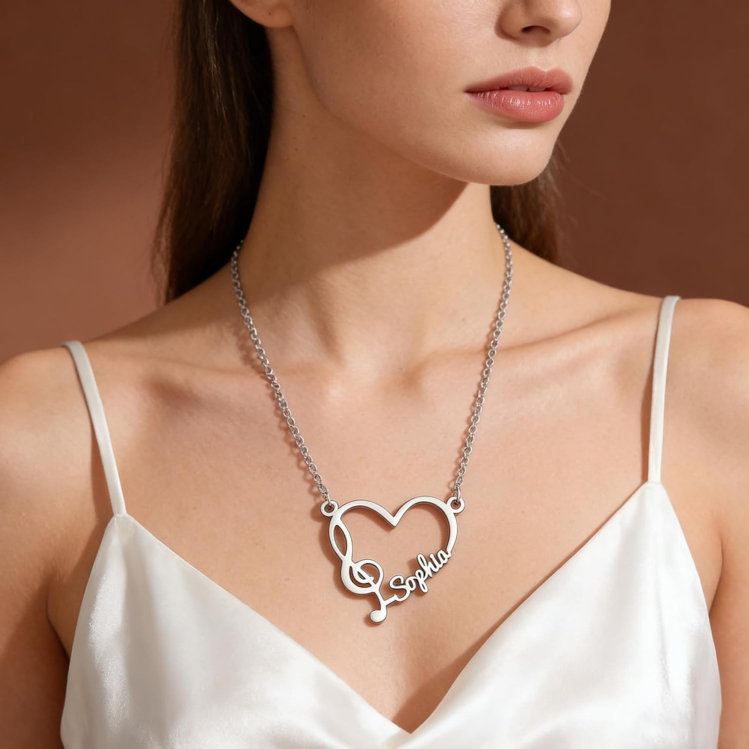 Custom 925 Sterling Silver Music Note Heart Necklace for Women, Personalized Treble Clef Name Pendant, Jewelry Gifts for Musician Lovers