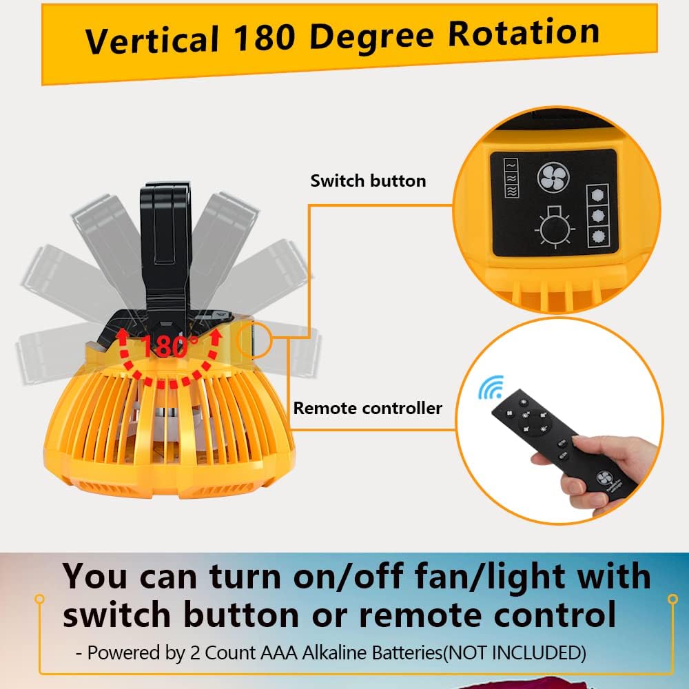 WaxPar Battery Operated Fan Compatible with Dewalt 20V Battery, Cordless Camping Fan with LED Light Portable 20V fan with Remote, 3 Wind/Brightness Modes, Timer, Foldable Hook