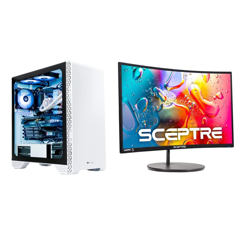 Thermaltake Glacier 360 Liquid-Cooled PC (AMD Ryzen 5 5600X, RTX 3060, 16GB 3600Mhz DDR4 ToughRAM & Sceptre 24" Curved 75Hz Gaming LED Monitor Full HD 1080P HDMI VGA Speakers