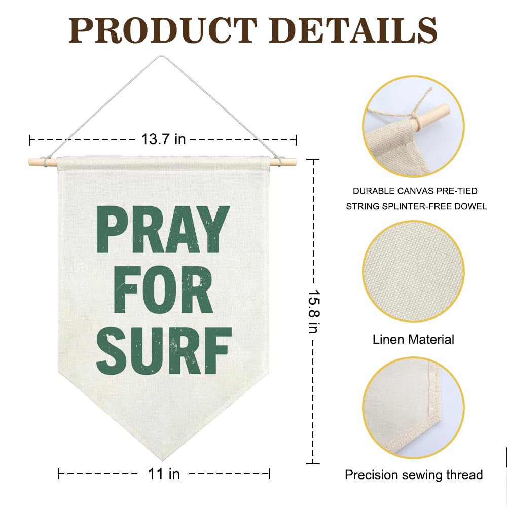 AGMDESIGN Pray For Surf Canvas Hanging Pennant Flag Banner, Surf Decor for Kids Rooms, Home School Kitchen Playroom Kids Room Nursery Flag Decor, Beachy Decor for Teen Boys Girls Dorm Surfing Lovers