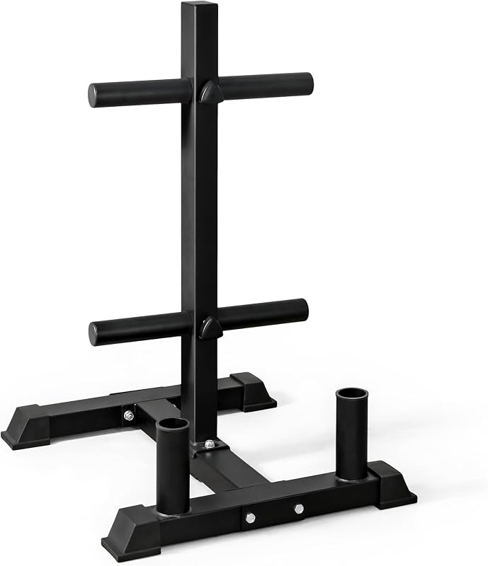 Olympic Bumper Plate Tree Rack with Barbell Holders, Heavy-Duty Weight Plate Storage Rack for Home Gym, Steel Olympic Plate Organizer Stand, Multiple Color & Size Options
