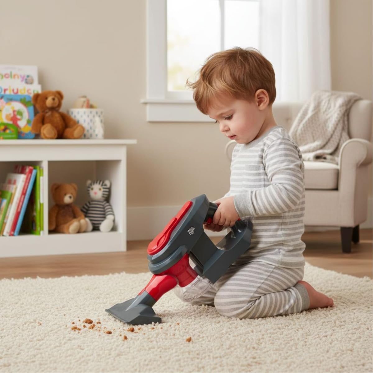 Dirt Devil Spielzeug Staubsauger 3-in-1 - Kinderstaubsauger mit 2 Aufsätzen - Funktionierende Saugfunktion und Realistische Geräusche - Für Jungen und Mädchen ab 3 Jahre - Kinderspielzeug - Rot/Grau