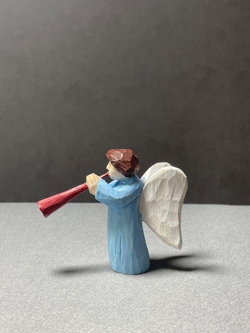 Amazon.co.jp: 角笛 を吹く 天使 藍 木彫り彫刻天然木置物クリスマス