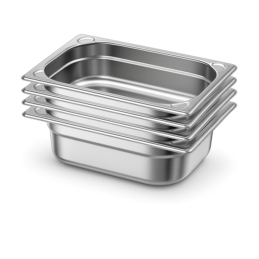 Lot de 4 Bacs Gastronorme GN 1/4 en Inox 201 – Bacs Gastro Professionnels pour Restauration, Cuisine Collective, Traiteur et Hôtel (65 mm 1.8 L)