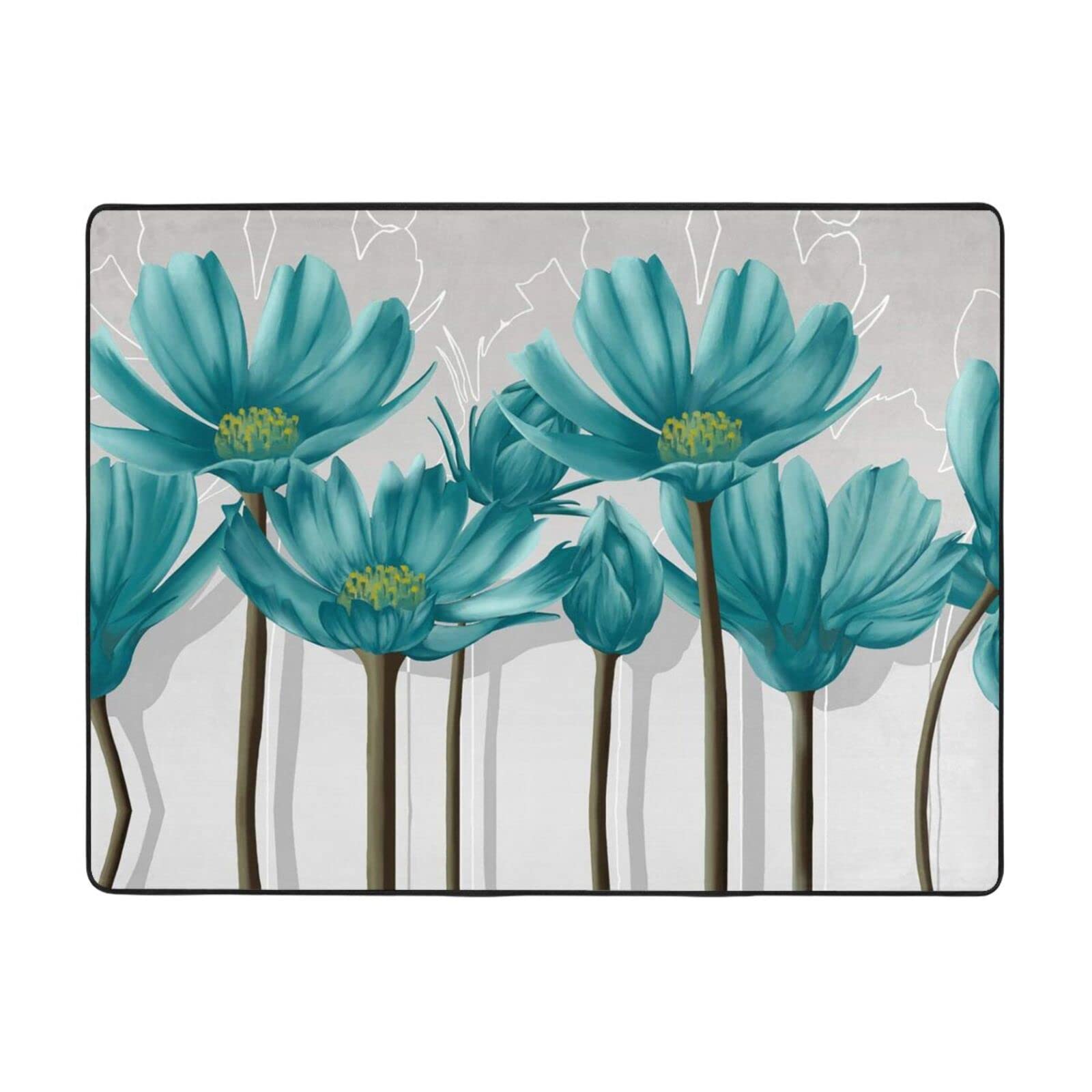 Tapis antidérapant gris sarcelle et blanc à motif floral pour décoration de salon