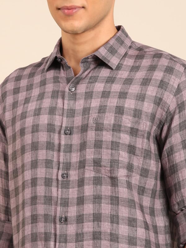 Image of Linen Club Men's Pure Linen Checked Contemporary Fit Full Sleeve Casual Shirt