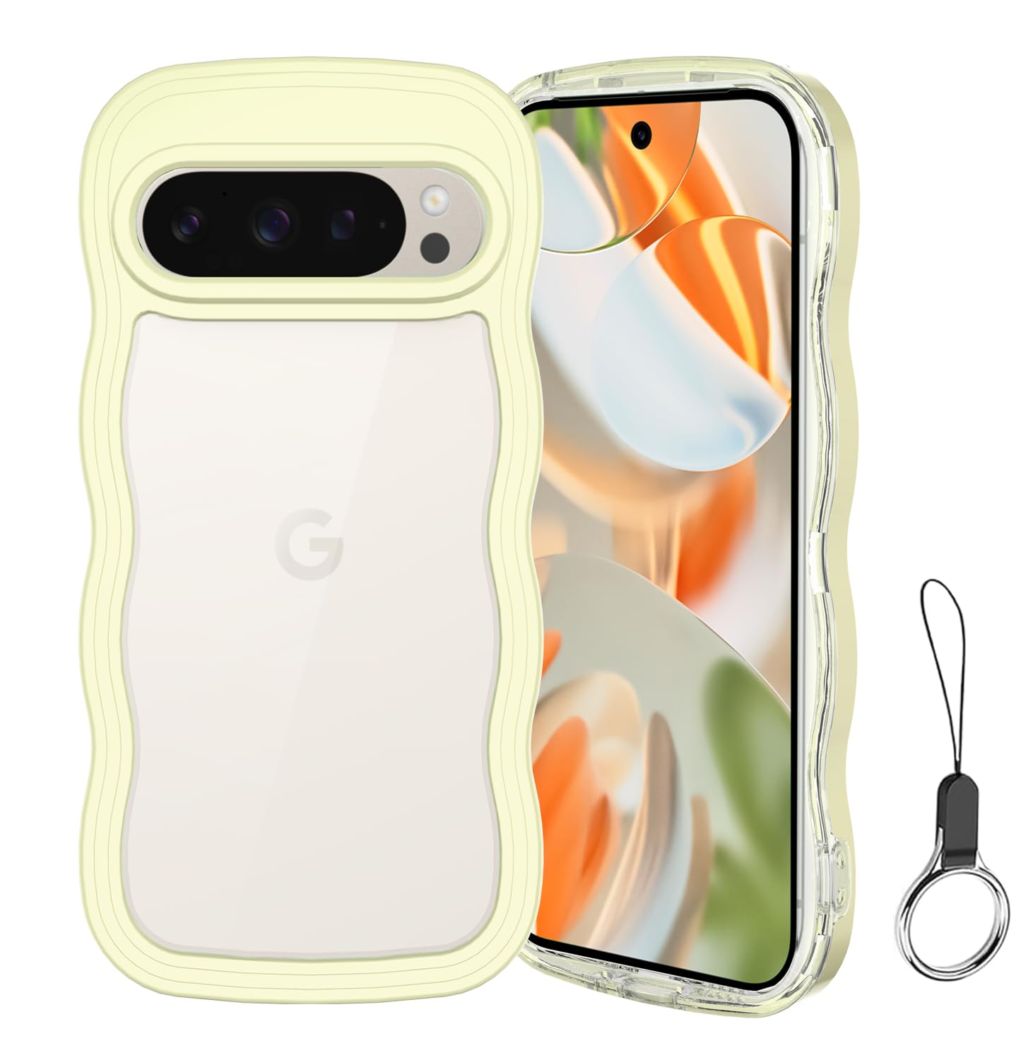 Google Pixel 10/10 Pro/9/9 Pro ケース クリア ウェーブ ピクセル10 TPU波状フレーム うねうね グーグル ピクセル10 Pro 滑り止め スマホケースウェーブ デザイン 手にフィット 韓国 可愛い 女性用 女子向け 人気 落下防止 耐衝撃 ストラップホール付き(イエロー)