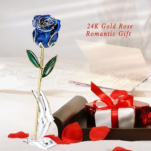 Miniatura 5 de LOVCAS - Rosa bañada en oro, rosa de oro de 24 quilates con rosa de tallo largo y soporte de cristal, regalo de rosas para aniversario, cumpleaños,