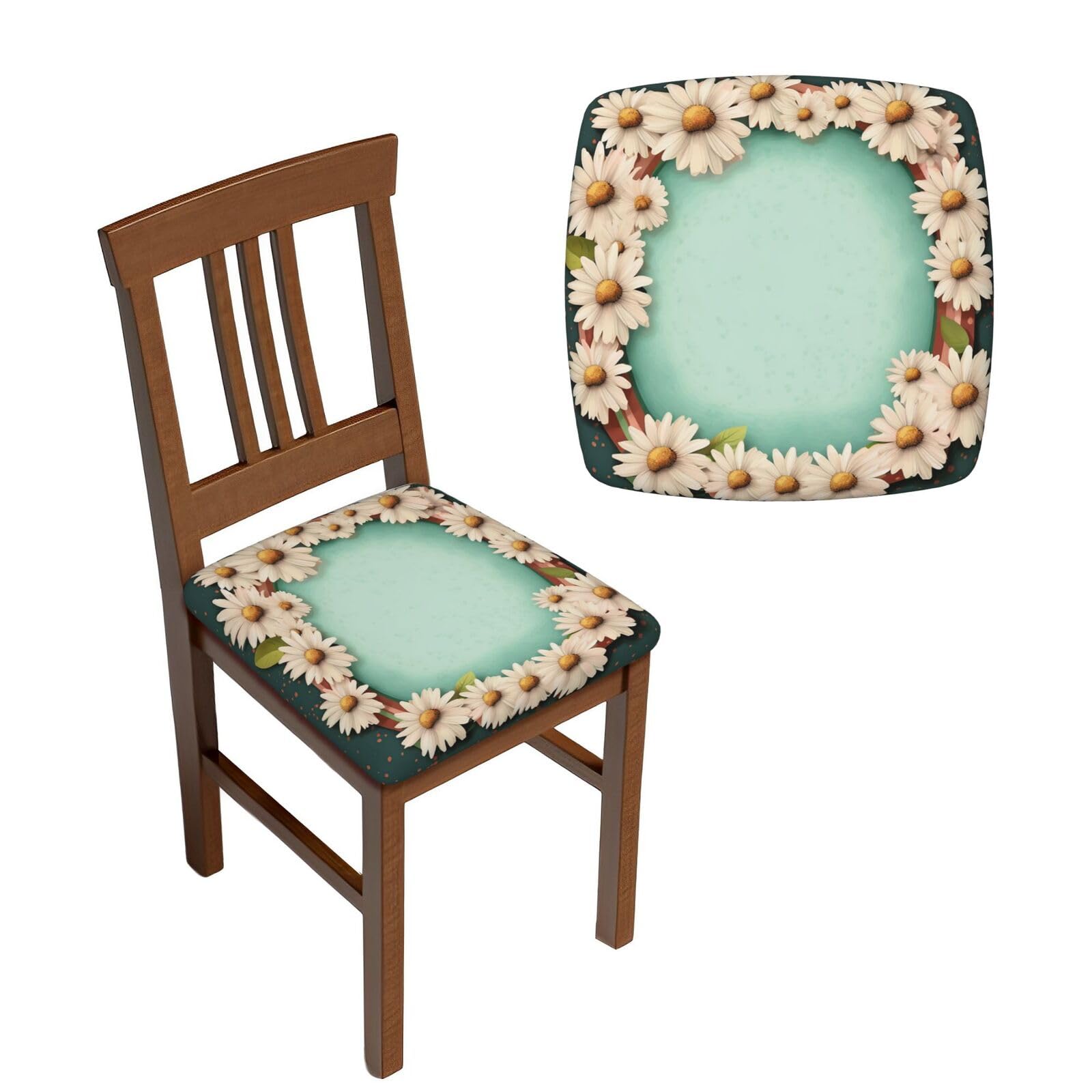 NONHAI 6PCS Dining Chair Seat Covers Set with Daisies and Frame Stretch Removable Chairs Covers Washable Seat Cushion Slipcovers Protector for Dining Room Kitchen Chairs