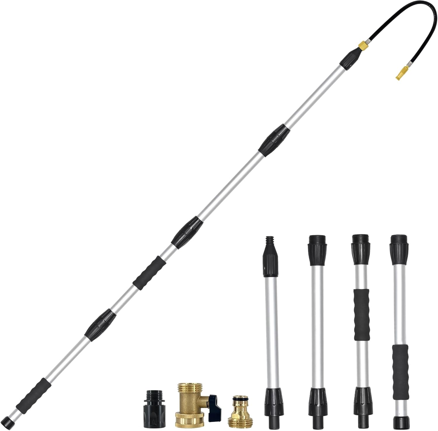 Buyplus Gutter Cleaner Tools from The Ground, Rain Gutter Cleaner Hose Attachment with Extension Poles Up to 7FT, Bendable Gutters Wand | 4 Spray Patterns, Perfect for Garden Hose