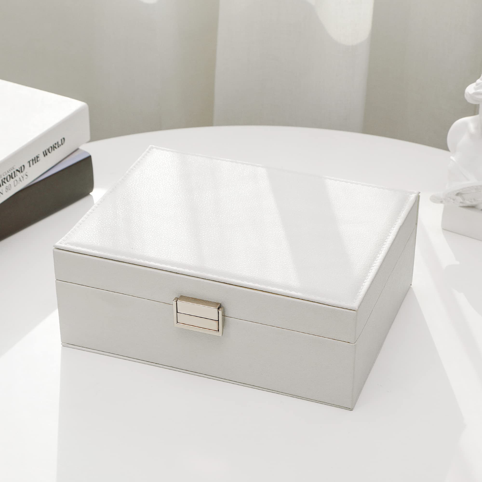 Schmuckkästchen für Mädchen, zweilagig, PU-Leder, Schmuck-Organizer-Box, mit Schloss und Herz-Spiegel
