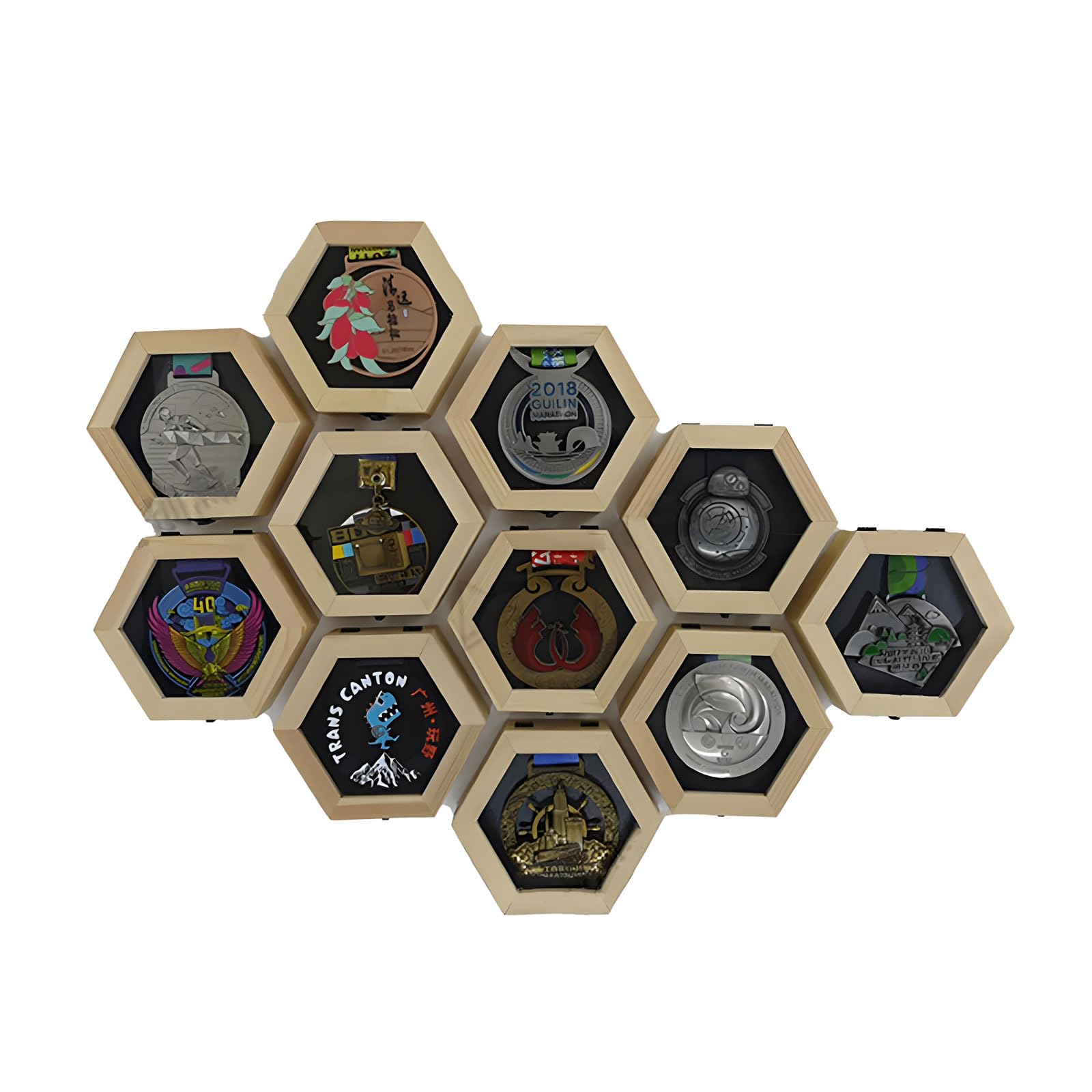 Guoyoocc Medal Holder Display Stand,Medal Display Frame,Wooden Hexagon Honeycomb Medal Hanger Display Case For Sports Medals,Track & Field,Races,Running,Marathons