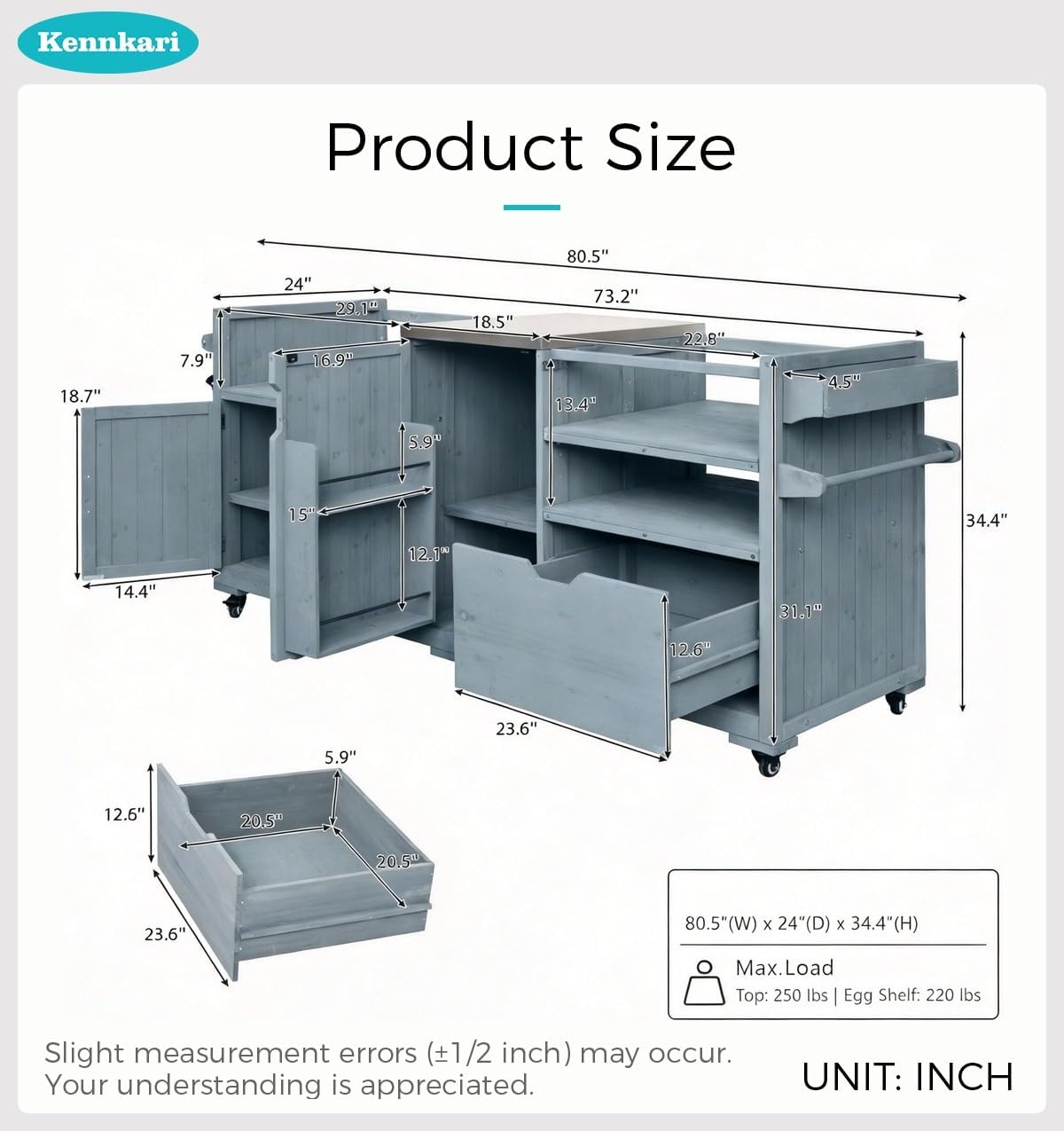 80.5" Outdoor Kitchen Island for Big Green Egg and Stainless Steel Top, Solid Wood Grill Cart with Blackstone Griddle, Rolling Bar Cart with Drawer for Pizza Prep and BBQ (Blue)
