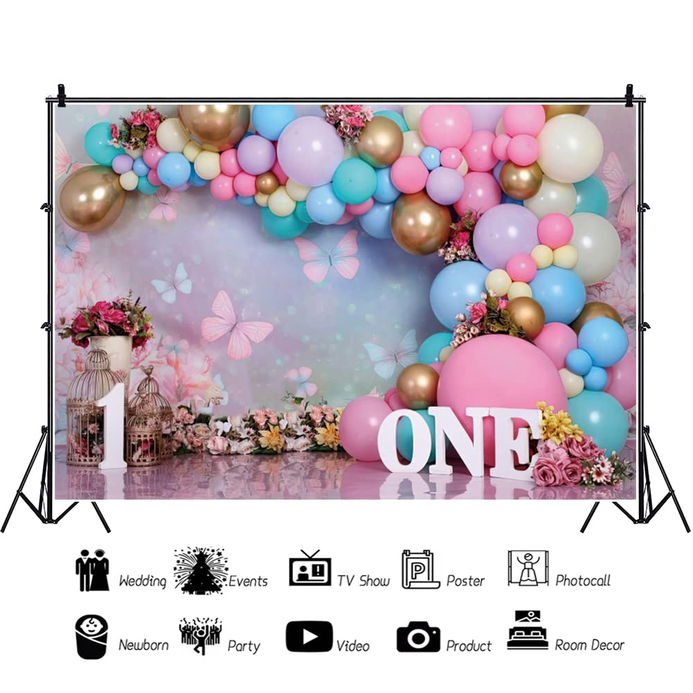 First Birthday Backdrop for Girl Flower Pink Purple Balloon Backdrops Sweet One Year Old Photography Cake Smash Background for Baby Girl Flowers Butterfly Kids 1st Birthday Banner Decorations 7x5ft — view 2