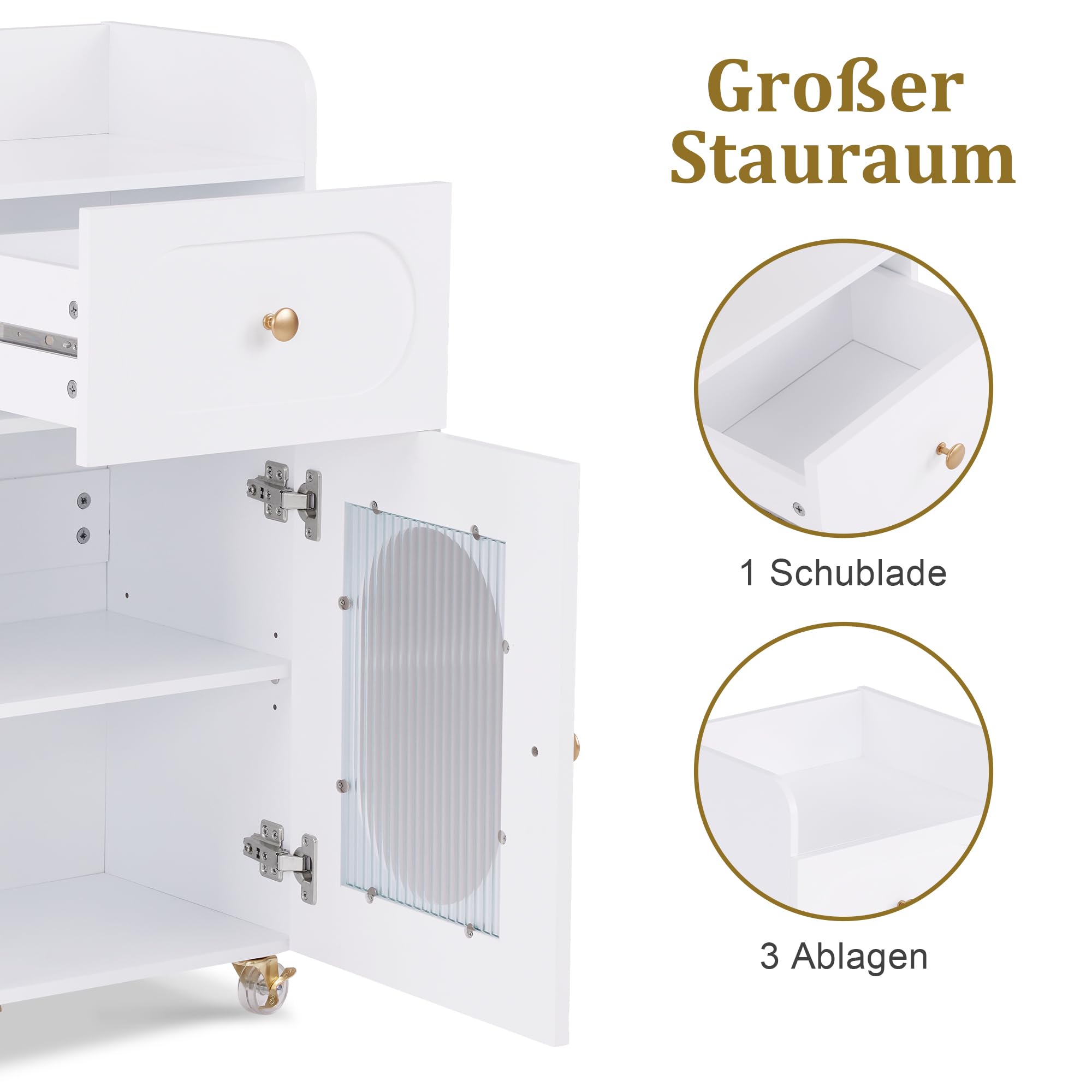 M MCombo Friseurwagen mit Rollen & Schubladen, Rollwagen Servierwagen Weiß, Salon Trolley 3 Ablagen Föhnhalter, 31,4x37x85,5 cm