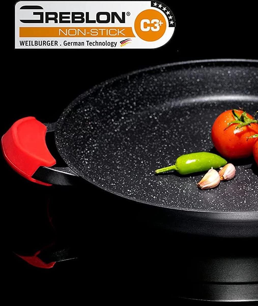 Patelnia Paella – niemiecka powłoka nieprzywierająca GREBLON powłoka marmurowa – 36 cm – do indukcji i wszystkich rodzajów ciepła – ze zdejmowanymi silikonowymi uchwytami.