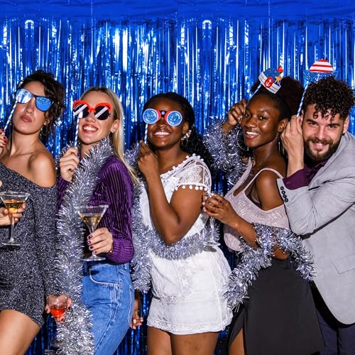 Image of ZATAYE 4 Pack Dark Blue Foil Curtain Streamer Decorations | Dark blue, Metallic Foil, 3.28 x 7.05 FT, Tinsel Backdrop, Foil Curtain Streamer, Party Decorations