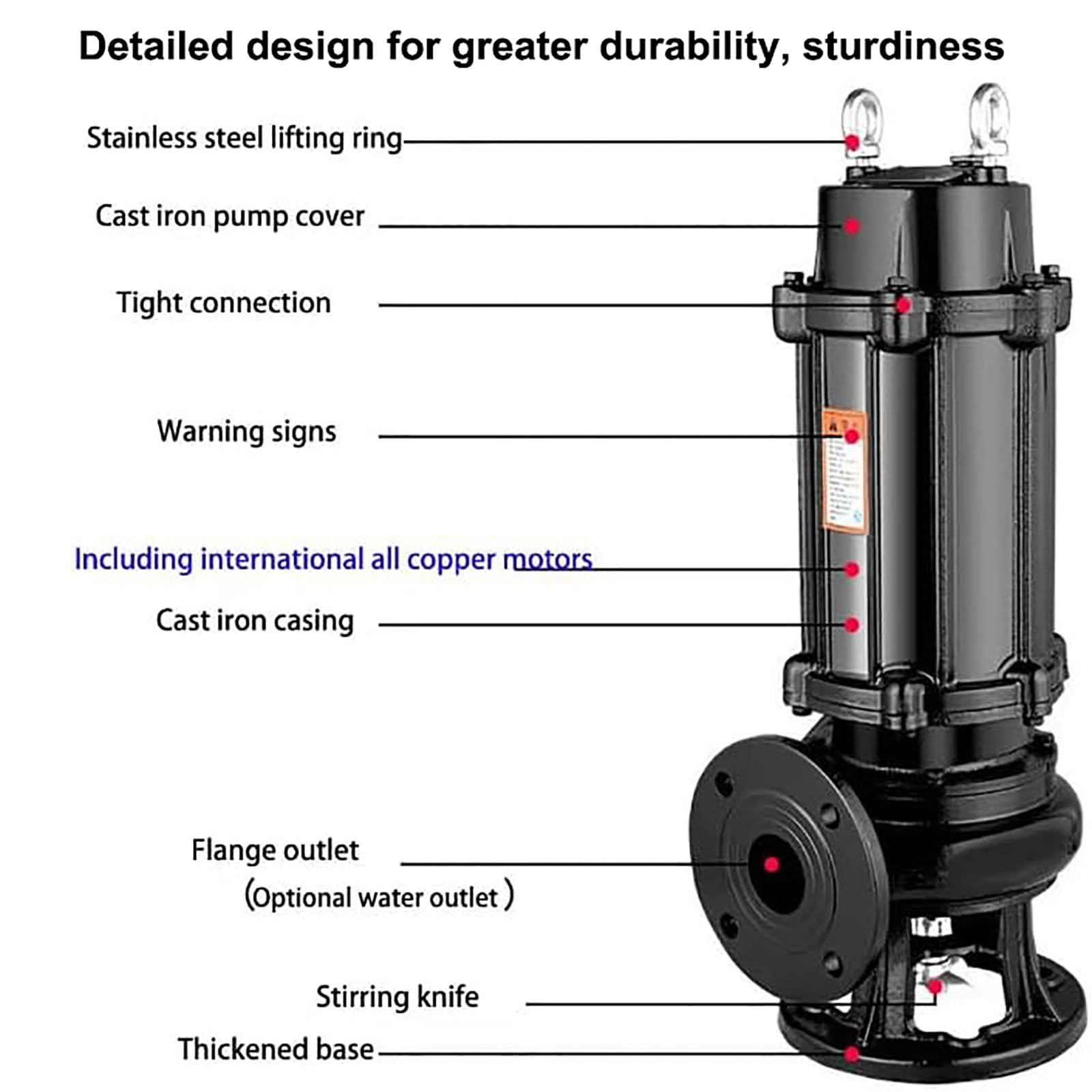 Bomba sumergible de aguas residuales, antiobstrucción, flujo grande/cabezal alto para sótanos, jardines, estanques, obras de construcción, control de inundaciones, drenaje, 3 kW