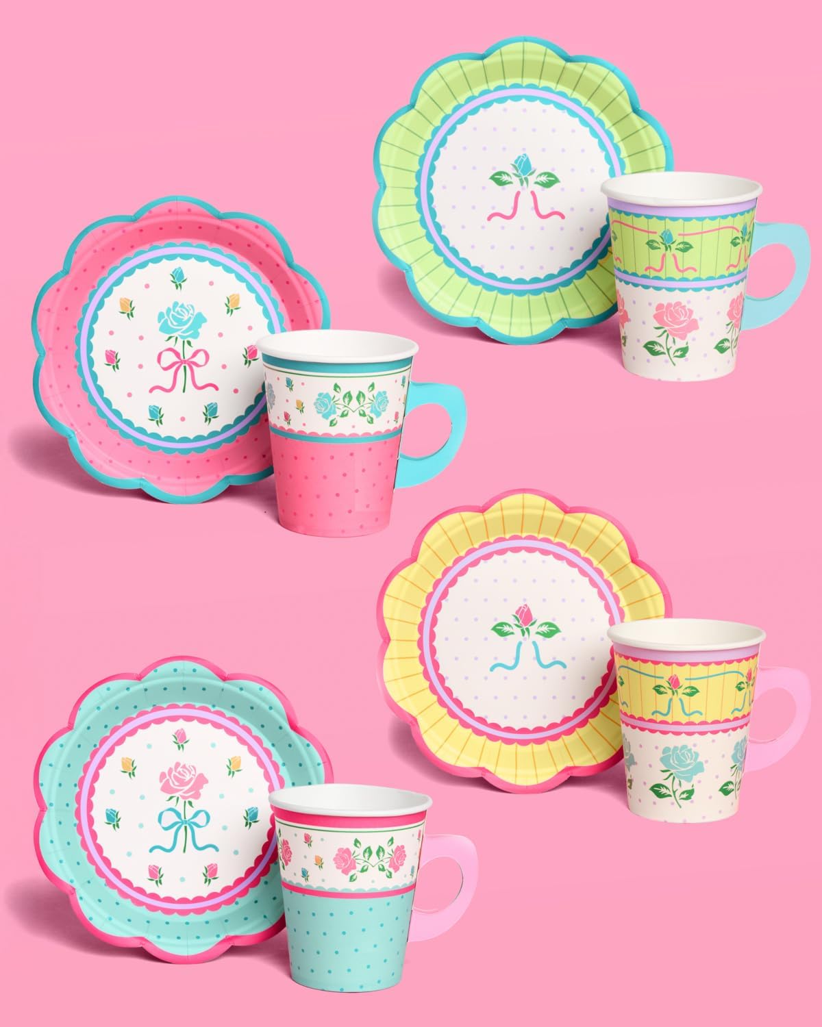 xo, Fetti Tea Party 9oz Cups and Saucers Set - 32 Piece Drinkware Set | Garden Party, Fancy Birthday, Easter, Pastel, Floral, Coquette, Vintage
