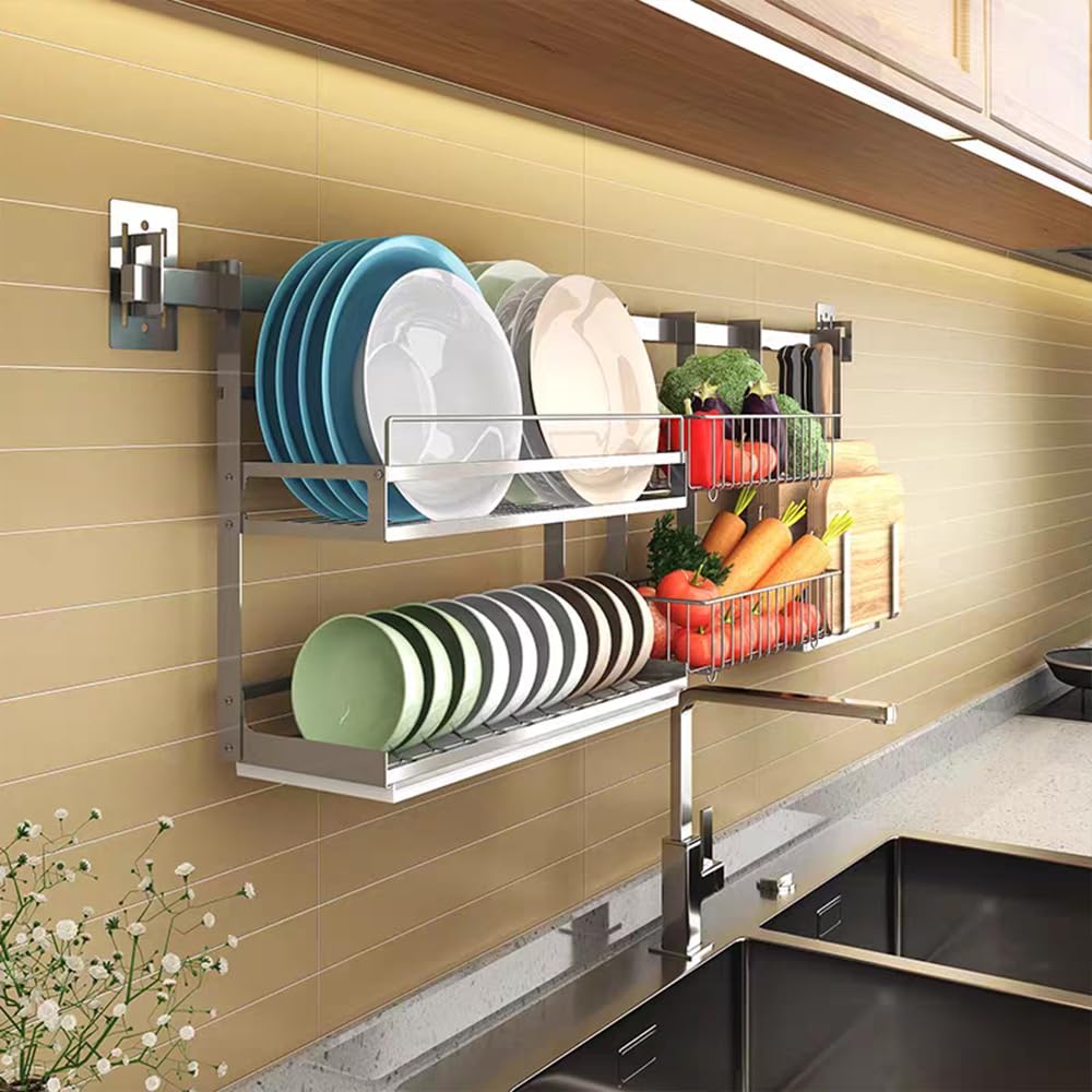 TentHome Scolapiatti Pensile Acciaio Inox con Vassoio Antigoccia, Scola da Parete, Porta Piatti da Muro, Portapiatti da Cucina, Piattaia da Appendere Salva Spazio Supporto Rack di Archiviazione
