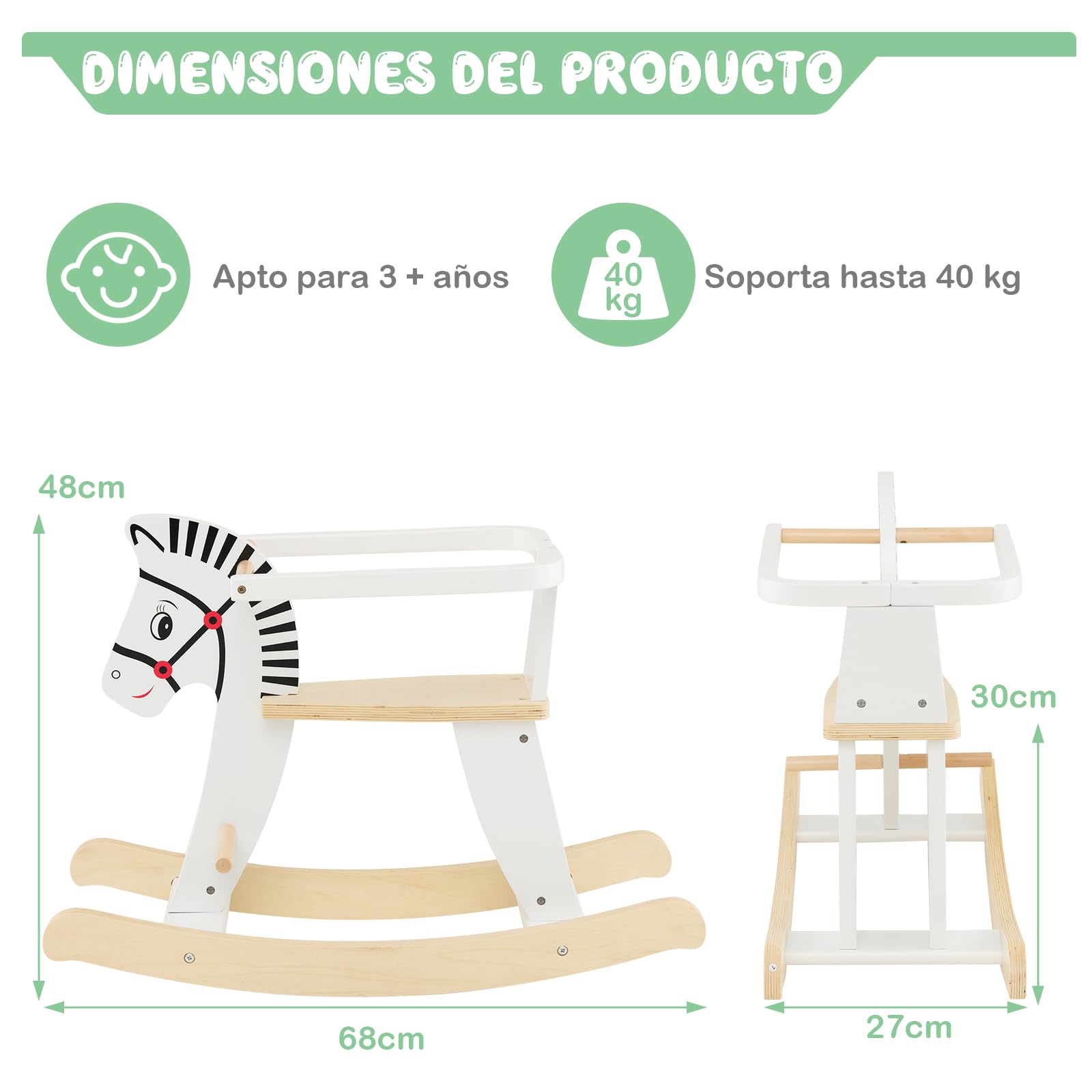 COSTWAY Caballito de Madera de Balancín, Balancines para Bebes con Vallas Extraíbles, Equilibrio Suave de 11-22 Grados, Asiento y Respaldo Cómodos, Caballo Mecedor de Madera para Niños de 3+ Años