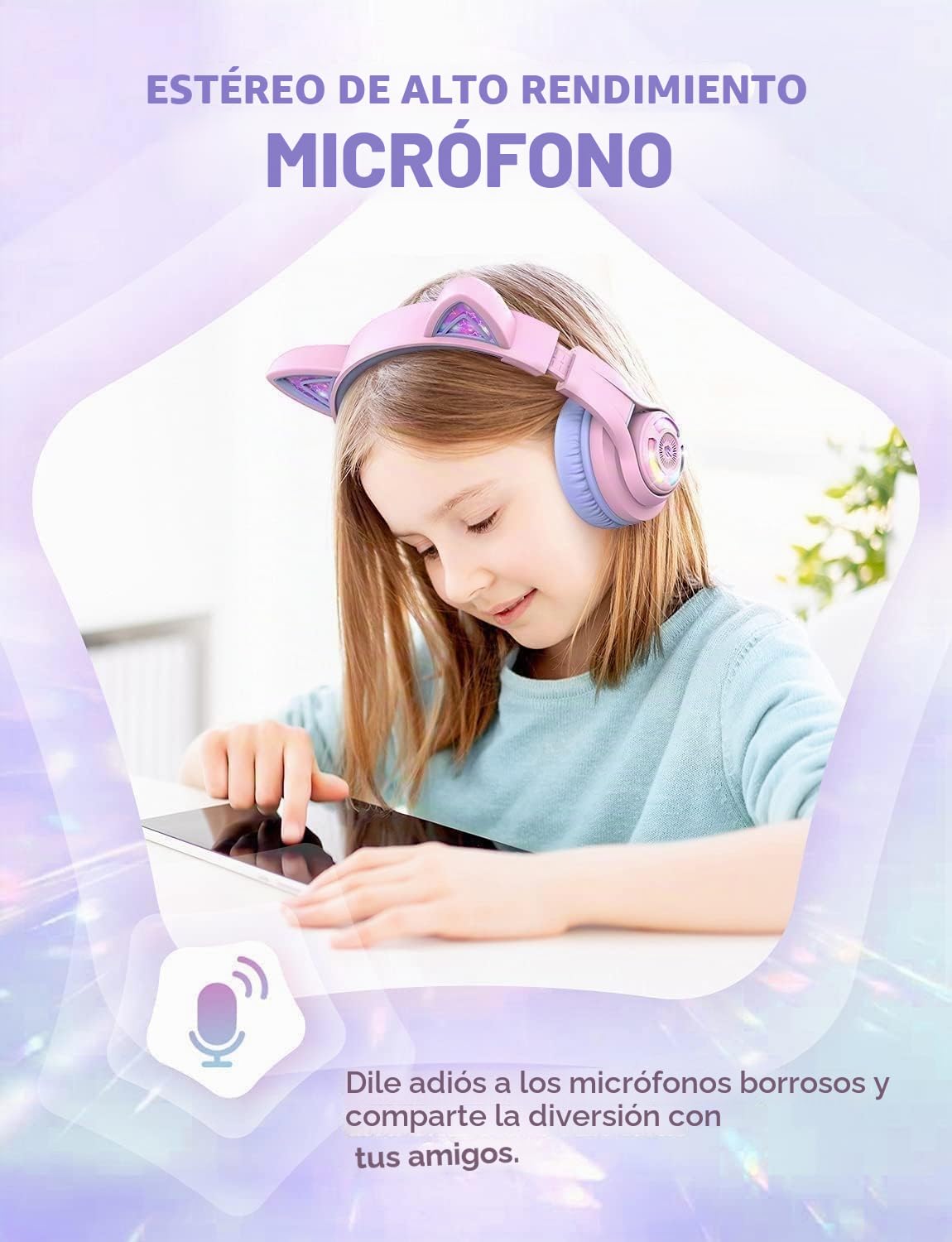 iClever Auriculares Bluetooth para Niños, BTH13 Cat Ear LED Light Up Kids Auriculares Inalámbricos, 50H Playtime, 74/85/94dB Limitación de Volumen, con Micrófono sobre la Oreja