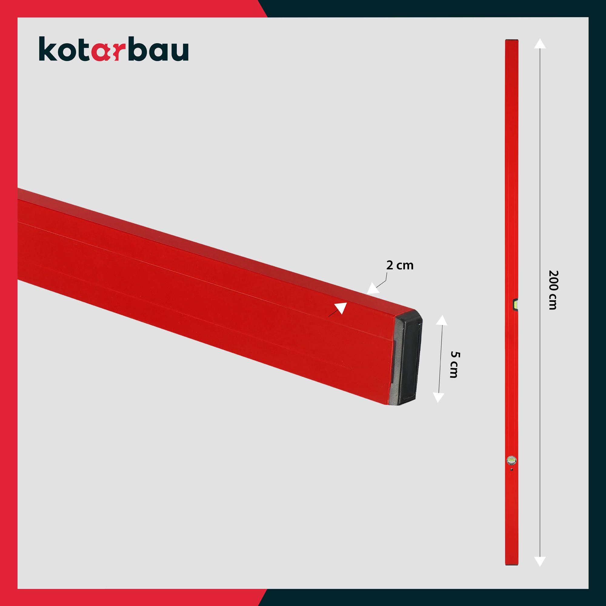 KOTARBAU® Nivel de Burbuja, 200 cm, Aluiminio, Color Rojo, 2 fiolas para mediciones en Horizontal y Vertical, Herramienta de Nivelación