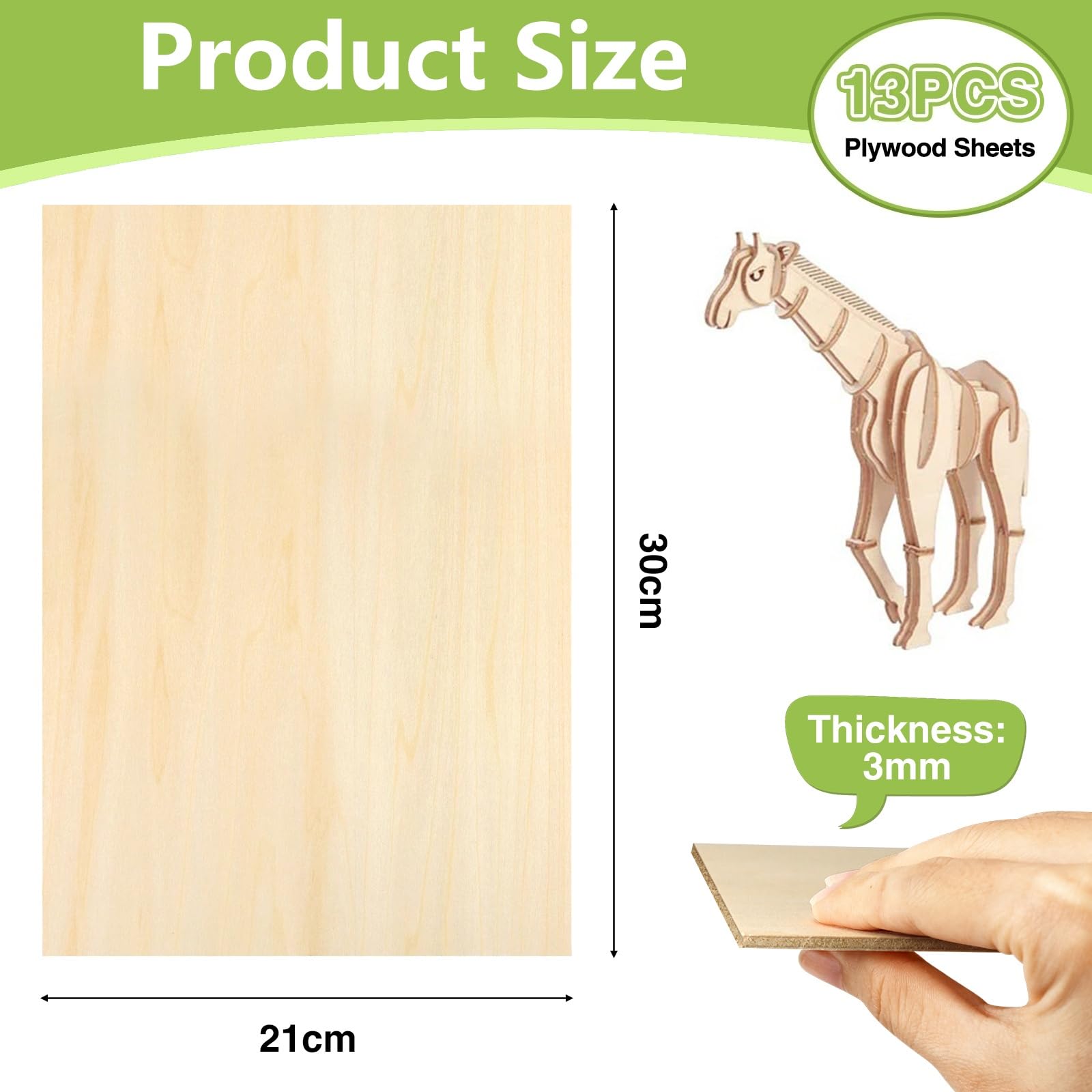 Płyta ze sklejki 3 mm, A4, 300 x 210 mm, 13 sztuk, drewno do rzeźbienia w drewnie, DIY, majsterkowania, cięcia drewna, modelarstwa
