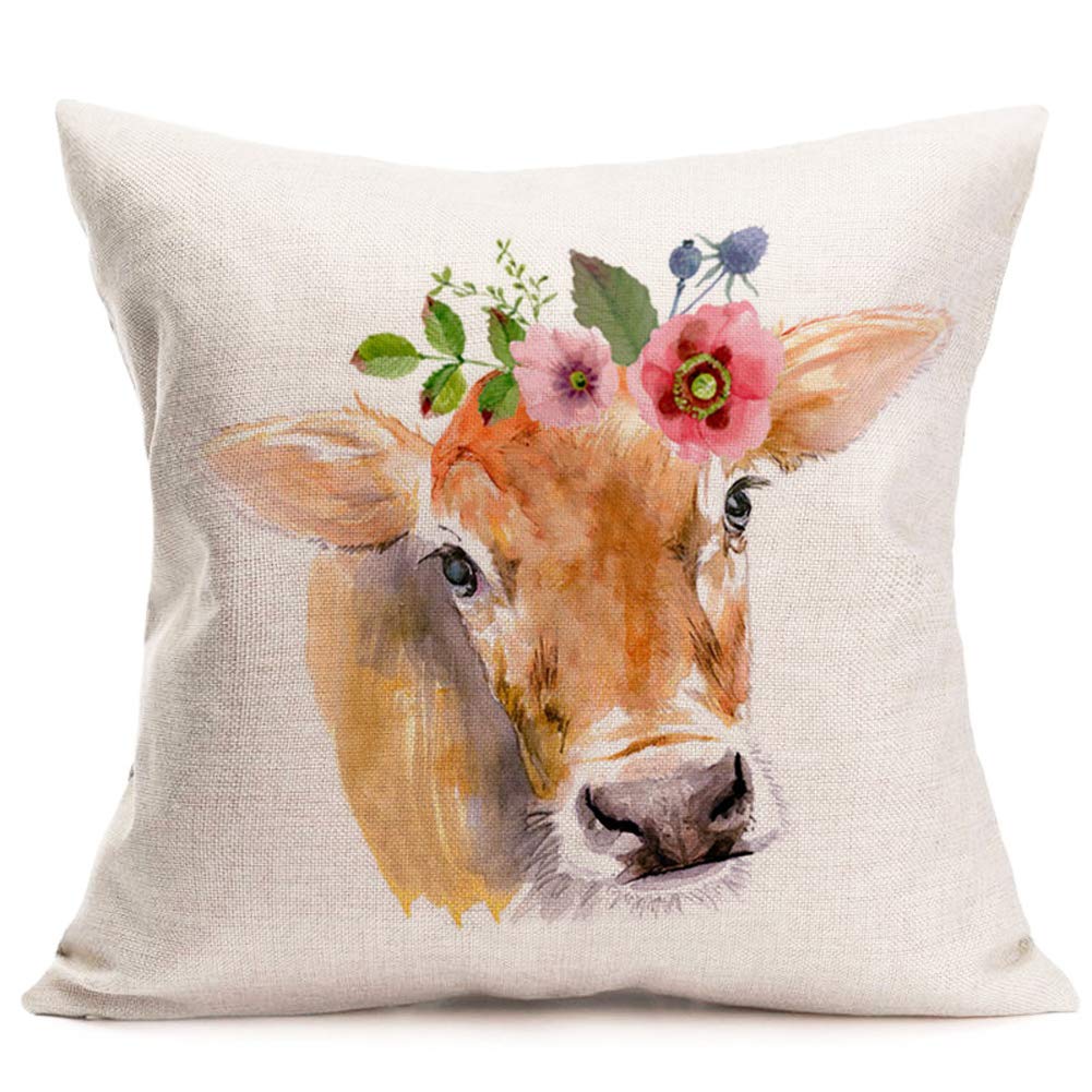 Easternproject Set of 4 Flower Leaves Animal Pillow Covers 18x18 Inch Cute Baby Sheep Pig Cow Farmhouse Spring Decorative Throw Pillow Cases Cotton Linen 18"x18"