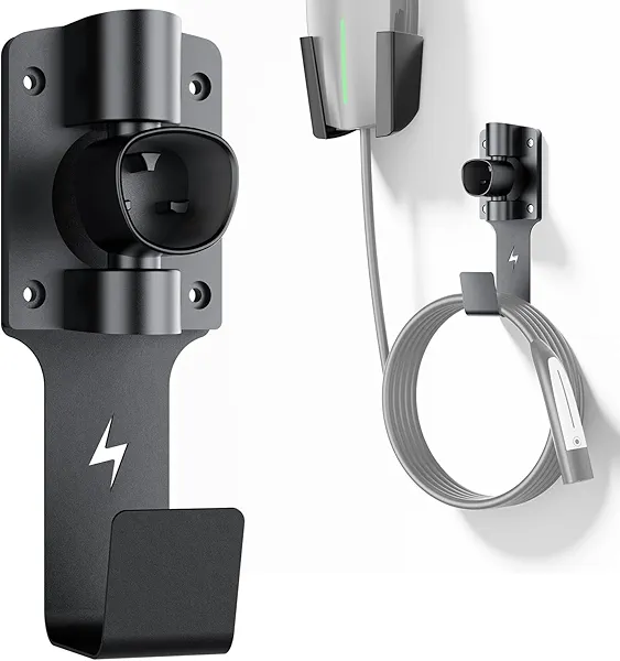 FOCSPROD for Tesla Charger Holder, with 180° Rotation Nozzle Dock, Metal J-Hook for Tesla Model 3/Y/X/S Charger Cable Car Accessories Wall Connector Organizer Extra with Mobile Connector Holder