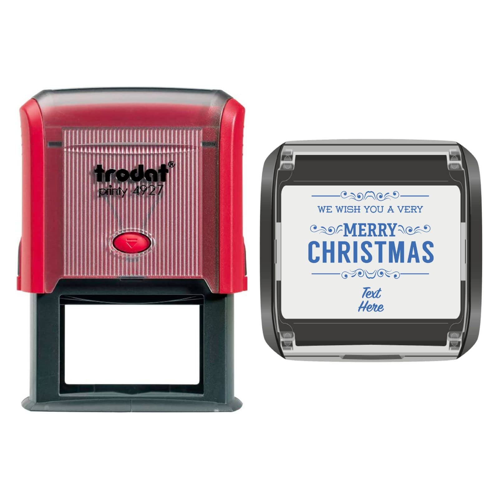 Trodat 4927 Personalised Christmas Card Message/Label Self Inking Rubber Stamp We Wish You a Very Merry Christmas in Blue Ink with 2 Lines of Customised Text