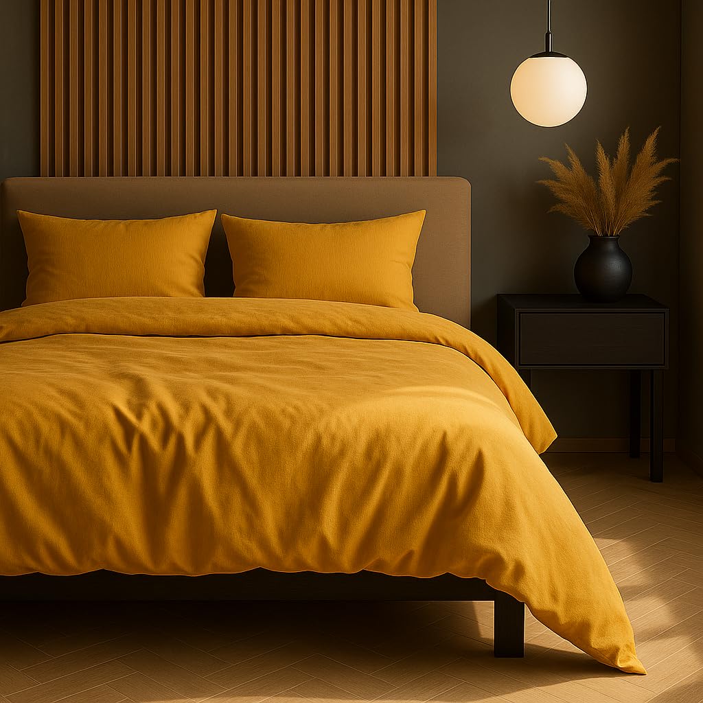 VelvetHome Komplet Pościeli 155x220cm 100% Bawełna Pościel 155x220 + Poszewka 80x80 cm Wysoka Jakość Pościel z zamkiem błyskawicznym Kolor Musztardy 155 x 220