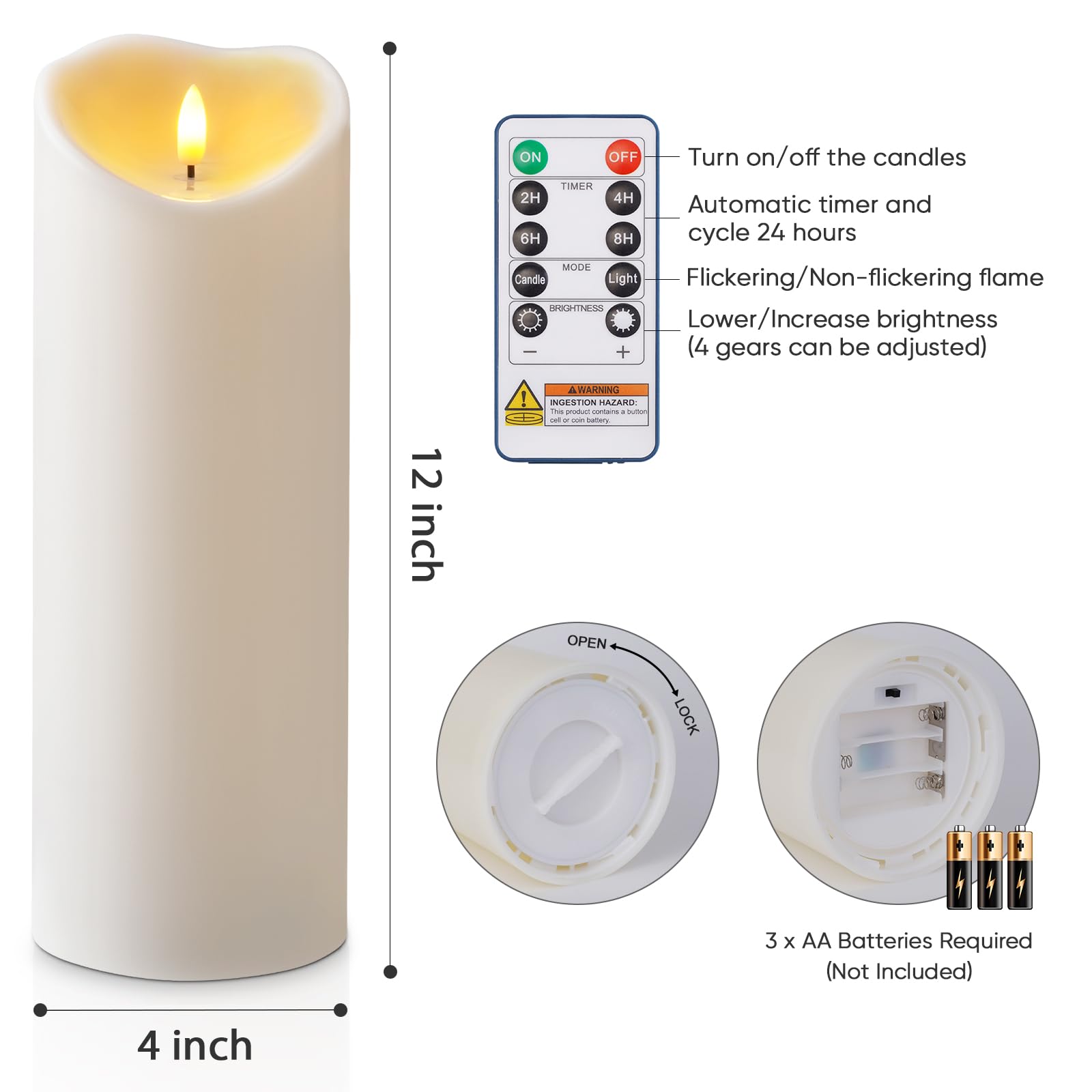 Amagic Velas grandes impermeables sin llama de 4 x 12 pulgadas, funcionan con pilas, control remoto y temporizador, vela LED parpadeante para decoración de patio al aire libre, patio, porche, blanco