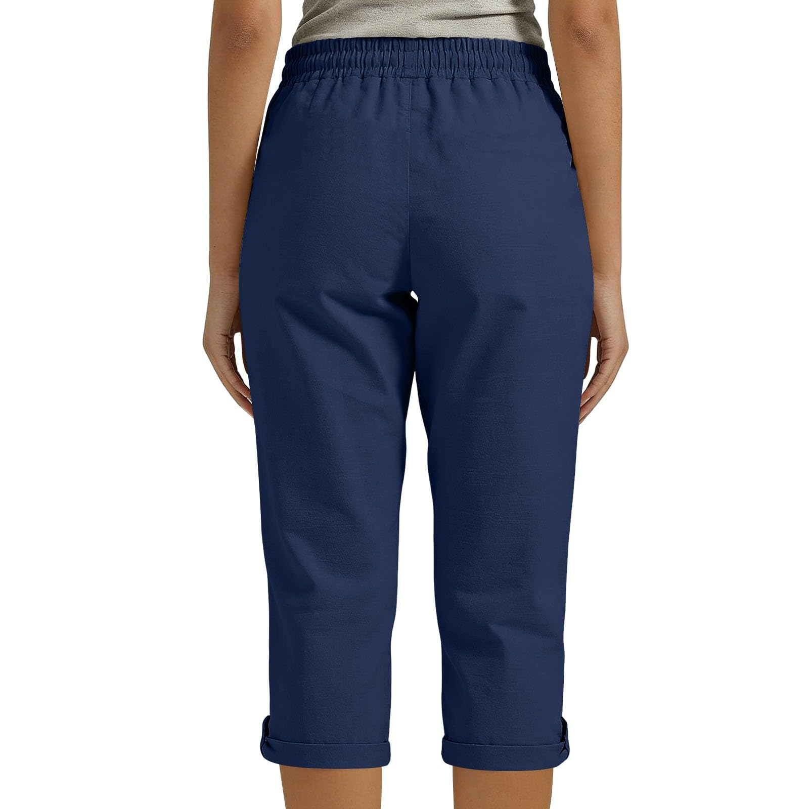 RLEHJN Leinenhose Damen 3/4,High Waist Caprihose Mit Taschen Casual Freizeithose Bequem Leicht Atmungsaktiv Einstellbarer Kordelzug Taille Stoffhose Strandhose Lässig Jogginghose Urlaub Strandhose
