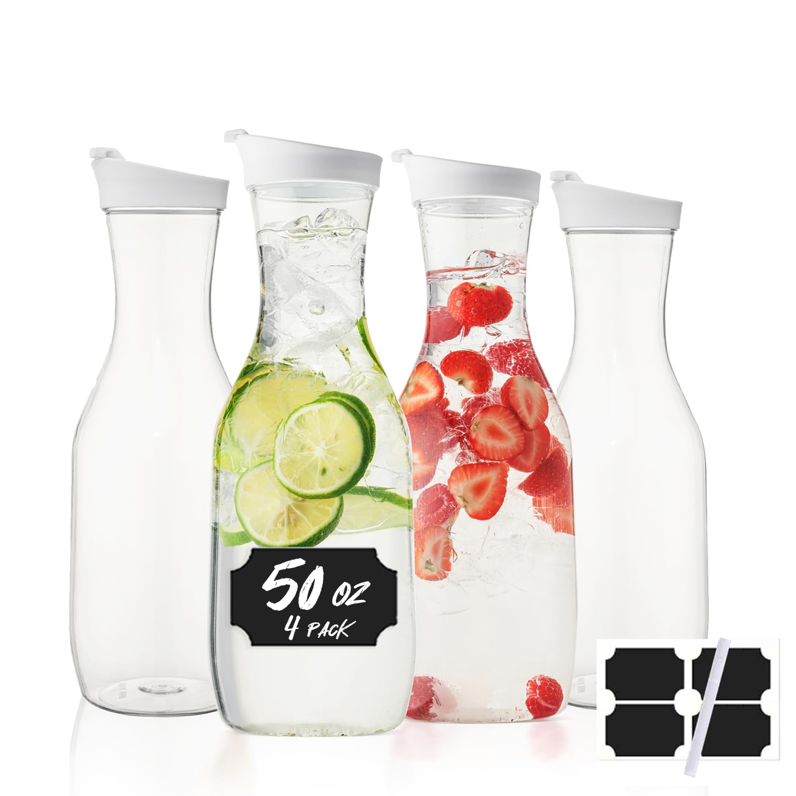 Water Carafe with Lid, 50 Oz Round Plastic Pitcher for Drinks, Milk, Mimosa Bar Supplies, Iced Tea, Juice Containers with Lids for Fridge, BPA-Free, NOT DISHWASHER SAFE, 4 Pack