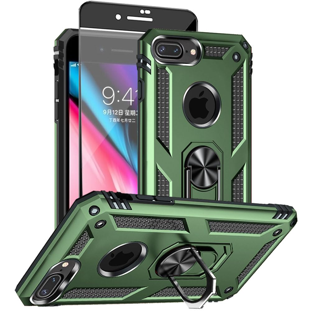 Aozuoton iPhone 8 Plus Case, Military Grade Protection, Rotable Kickstand, HD Screen Protector, Army Green