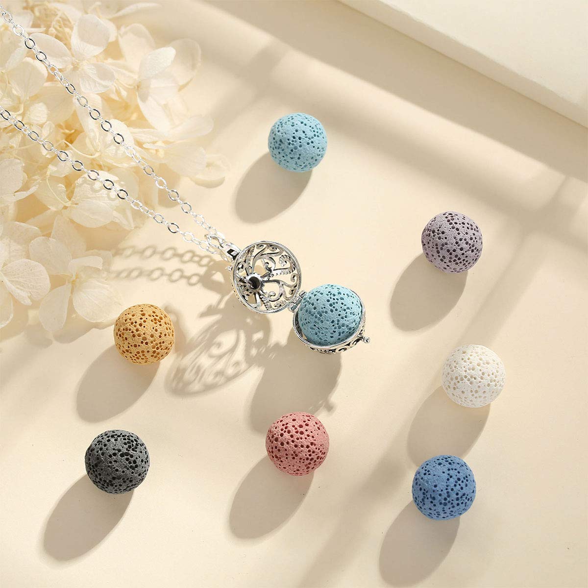 EUDORA Harmony Ball Aromaterapia Collana Donna Diffusione Aroma Collane Donna Aroma Olio Diffusore Ciondolo Gioielli Yoga Regali per Donne Madre con Pietra Lavica 7PCS, 24"