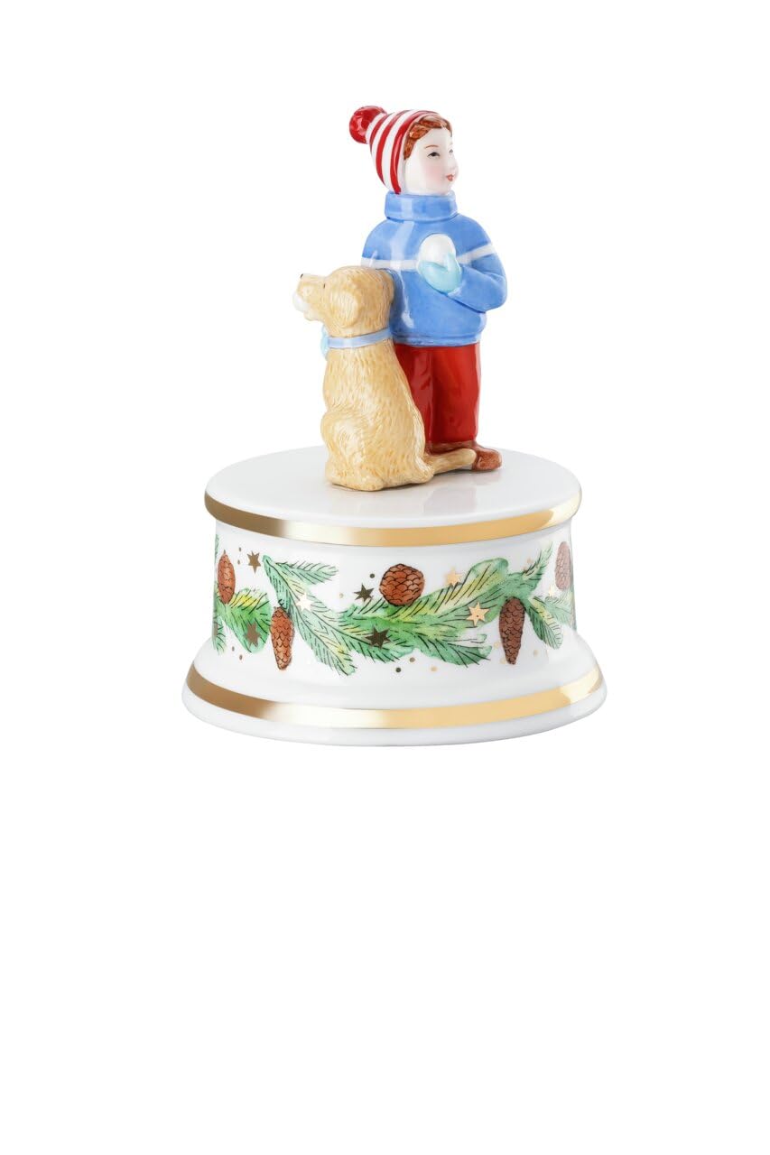 Hutschenreuther Collection de Noël 2025 « Jeux de Noël », Petite boîte à Musique, Hauteur : 12,5 cm, diamètre : 9 cm, mélodie : Votre Enfant Arrive