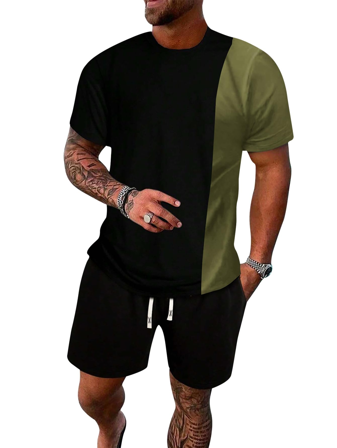 Conjunto de camiseta de verano para hombre, ligera, de manga corta, con bloques de color, sencillo, a la moda, informal, vacaciones, deportes, fitness — view 11