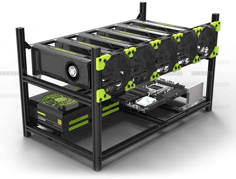 Professional 6 GPU Miner Mining Case Aluminum Frame Mining Rig Black with 5 Fans