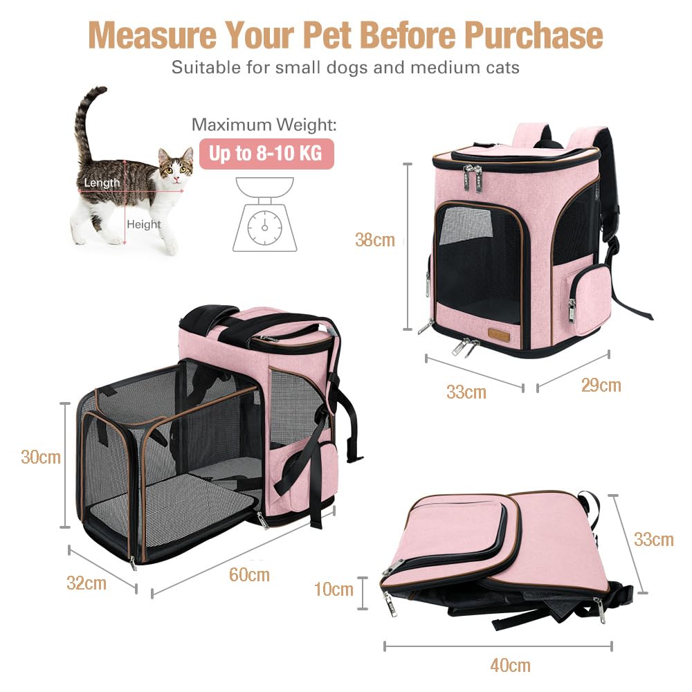 Lekesky Zaino per Cani Gatti Grande Porta Animali Espandibile Per Cani Piccoli Gatto Medi Fino a 8 KG, con 2 Tappetini Zaino Porta Cuccioli Traspirante Pieghevole Per Viaggi Escursioni, Rosa